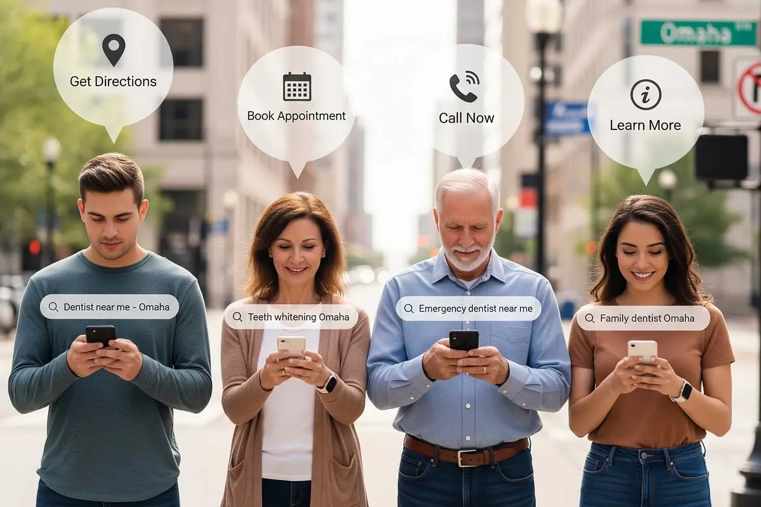 People are standing outside various commercial buildings, each engaged with their mobile phones to search for local services. The scene highlights the importance of local SEO, as these individuals utilize search engines to find relevant businesses in their physical location.